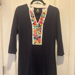 Spartina 449 Navy Blue, White, Floral 3/4 Sleeve V-Neck Dress